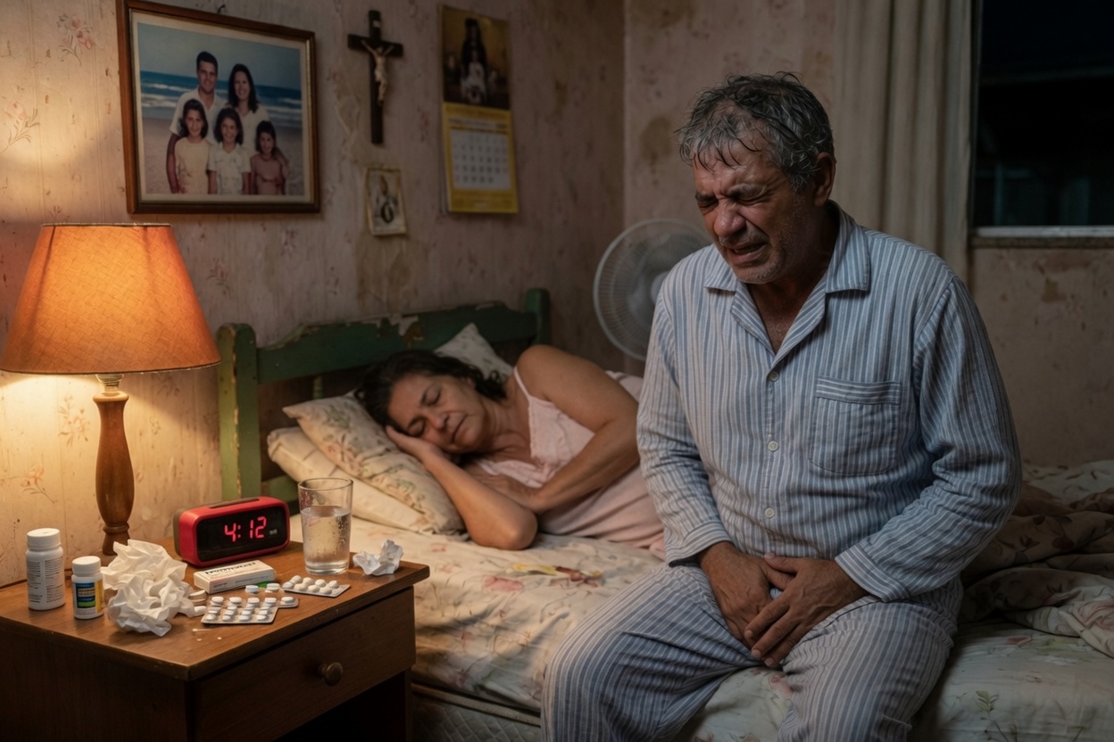 Homem brasileiro com mais de 60 anos sentado na beira da cama de madrugada, lâmpada de cabeceira acesa, expressão de exaustão, mão na barriga, relógio digital marcando 3:47