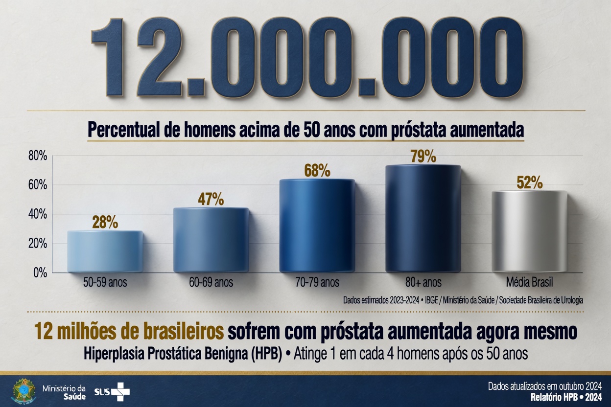 Infográfico com número 12.000.000 em destaque, abaixo: brasileiros sofrem com próstata aumentada agora mesmo