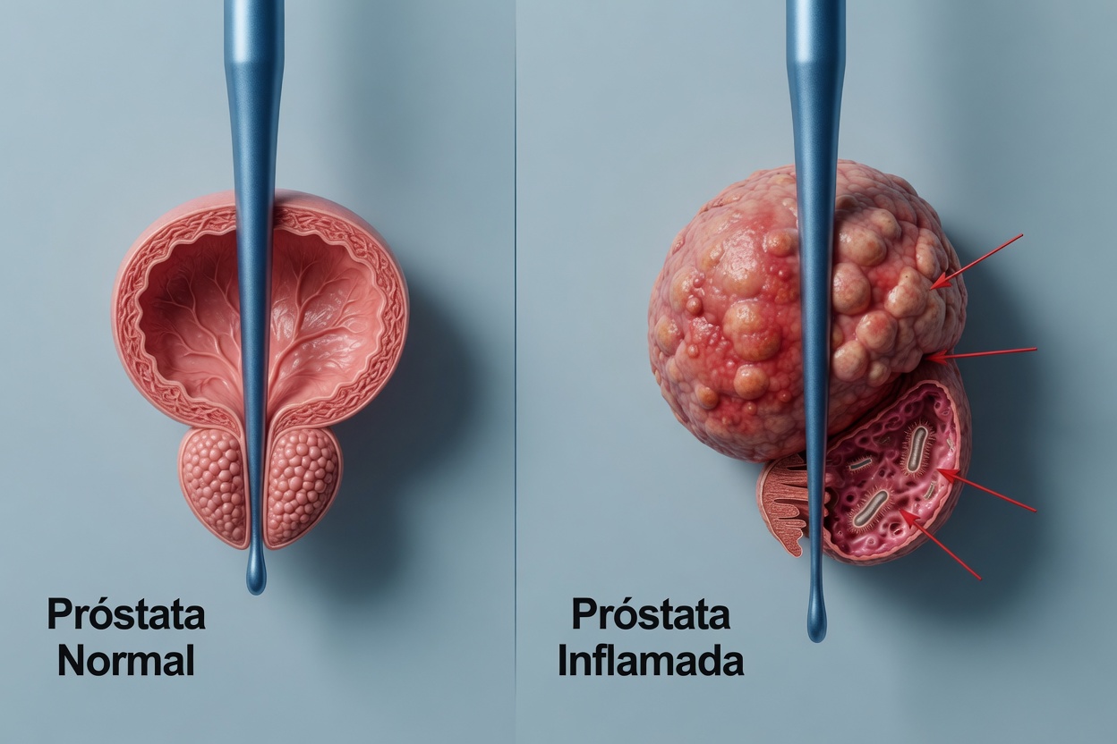 Ilustração comparando próstata normal versus próstata inflamada com parasitas E. coli visíveis no tecido