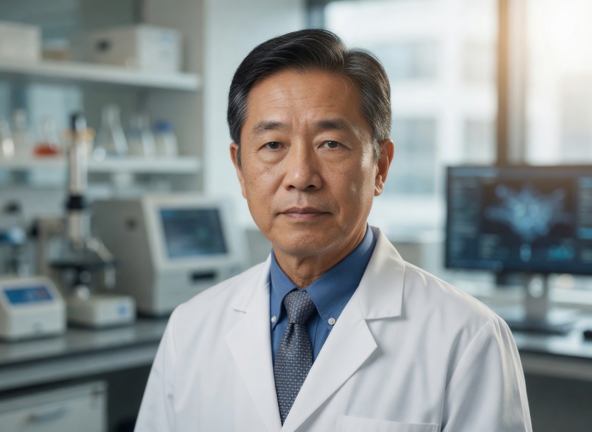 Dr. Hiroshi Tanaka, pesquisador asiático, 50 a 55 anos, jaleco branco, óculos, expressão séria e confiável, fundo de laboratório desfocado