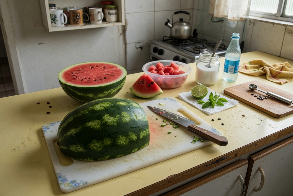 Ingredientes do ritual da melancia preparados em uma cozinha simples: melancia cortada com a casca verde visível, sal, limão e hortelã
