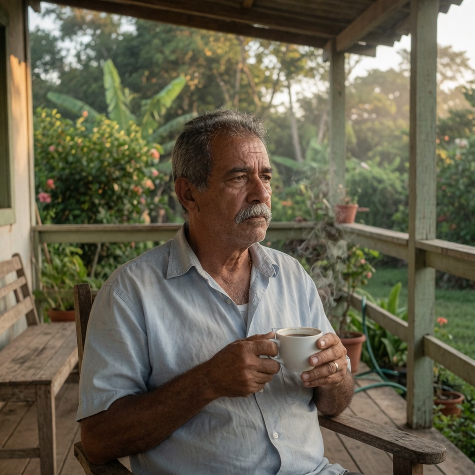 Homem brasileiro acima dos 60 anos, pensativo e preocupado, tomando café na varanda